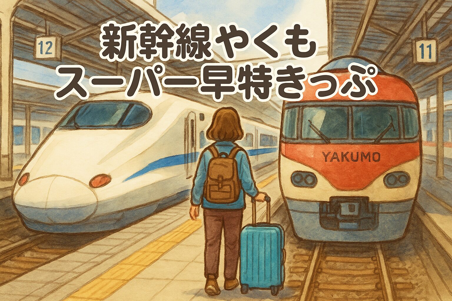 新幹線と特急やくもが駅に並ぶイラスト