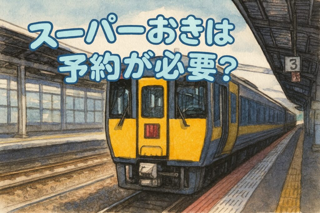 スーパーおきは予約が必要？全席指定の特急列車の画像。山陰本線を走るJR西日本の黄色と黒の車両を描いたイラスト風写真