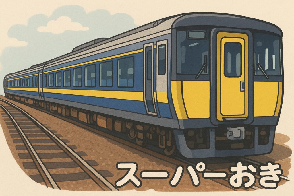 スーパーおきの列車をイラスト風に描いた画像。青と黄色の車体が特徴的で、駅の線路上に停車している様子を描写。