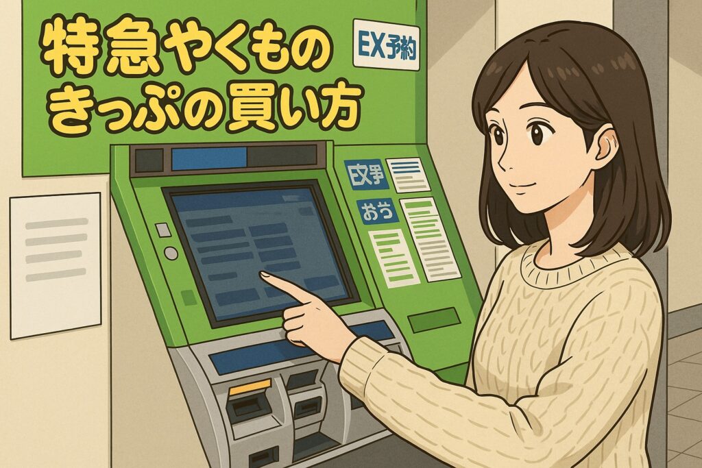 特急やくものきっぷの買い方を説明する女性のイラスト。駅の券売機で操作する姿が描かれており、明るくやさしい雰囲気のイラストです。