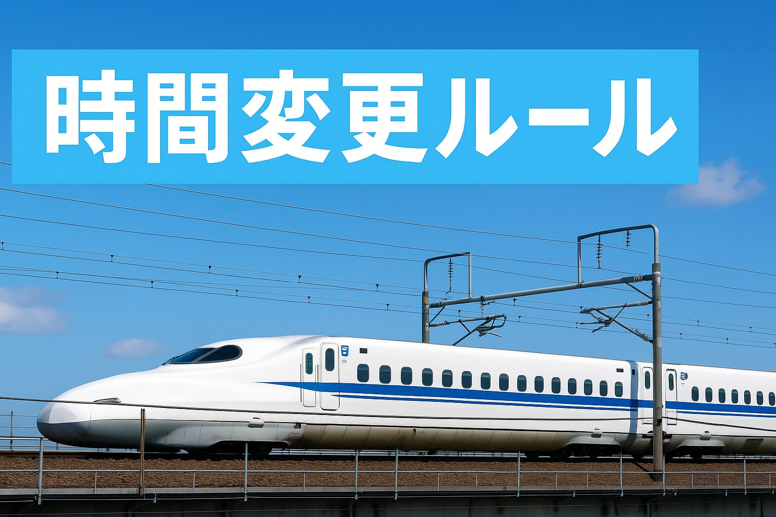 バリ得きっぷの時間変更ルールを解説する実写アイキャッチ画像。青空の下を走る白い新幹線と水色背景のタイトルデザイン。