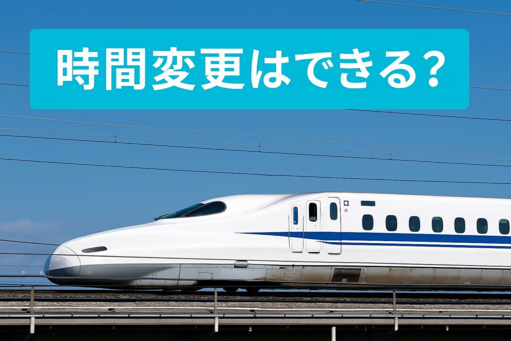 バリ得きっぷの時間変更ができるかを解説する実写アイキャッチ画像。青空の下を走る白い新幹線と水色背景のタイトル。
