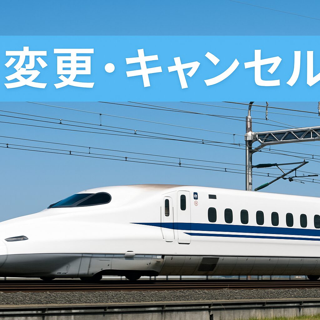 バリ得きっぷの変更やキャンセル方法を解説する実写アイキャッチ画像。青空の下を走る白い新幹線と水色背景のタイトルデザイン。