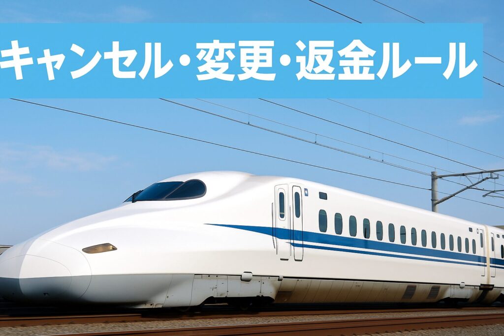 バリ得きっぷのキャンセル・変更・返金ルールを解説する実写アイキャッチ画像。青空の下を走る白い新幹線と水色背景のタイトルデザイン。