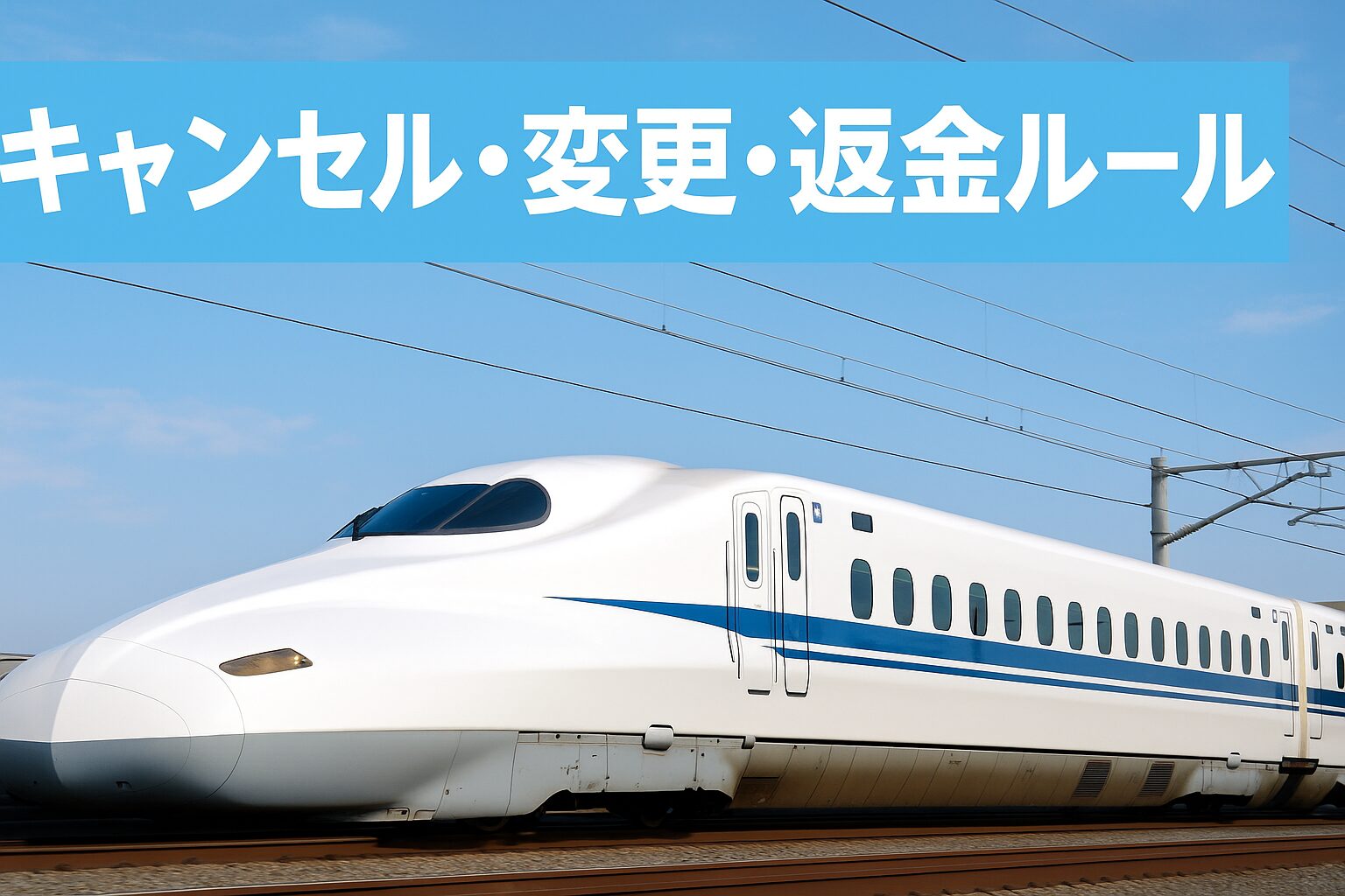 バリ得きっぷのキャンセル・変更・返金ルールを解説する実写アイキャッチ画像。青空の下を走る白い新幹線と水色背景のタイトルデザイン。
