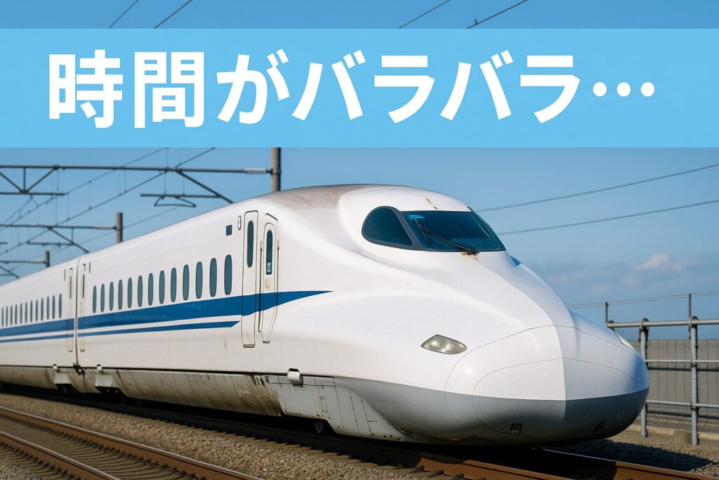 新幹線パックで時間がバラバラになる理由を解説する実写アイキャッチ画像。青空の下を走る白い新幹線。