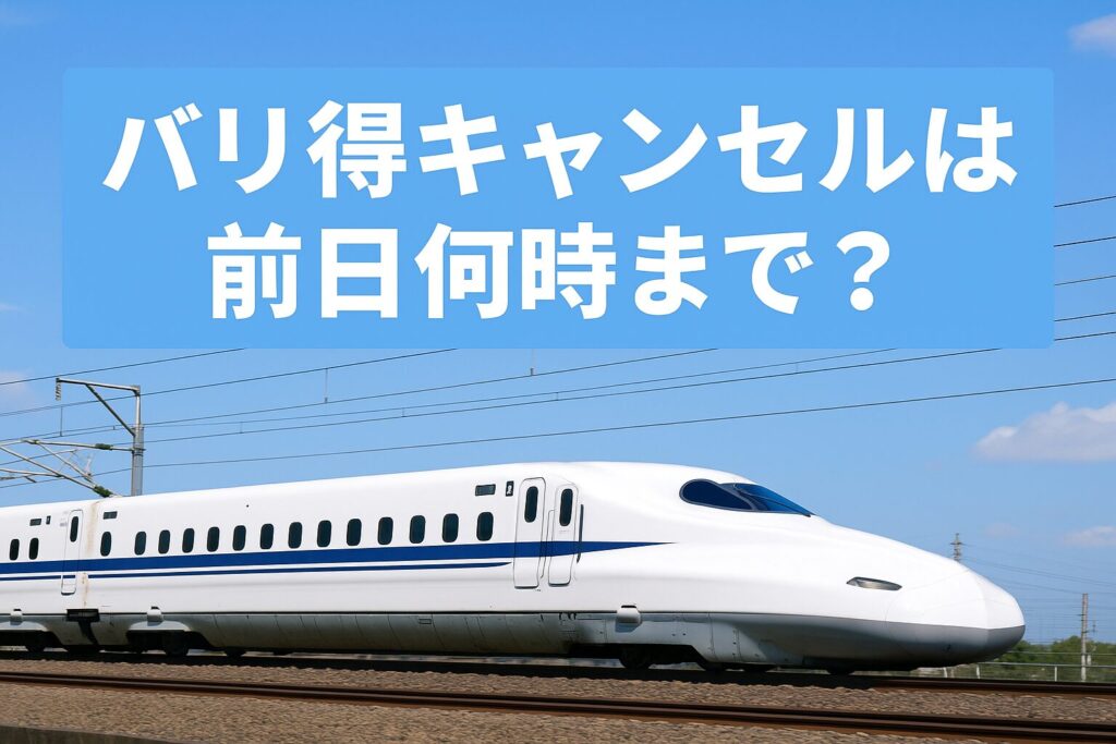 バリ得きっぷのキャンセルが前日何時まで可能かを解説する実写アイキャッチ画像。青空の下を走る白い新幹線と水色背景のタイトル。