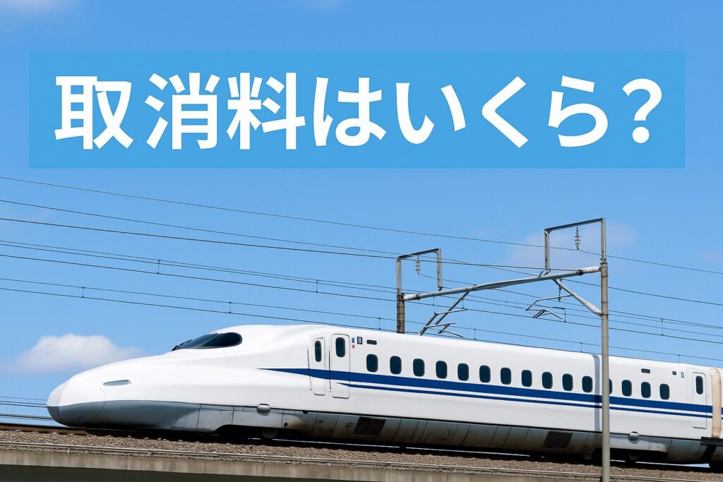 バリ得きっぷの取消料がいくらかを解説する実写アイキャッチ画像。青空の下を走る白い新幹線と水色背景のタイトルデザイン。