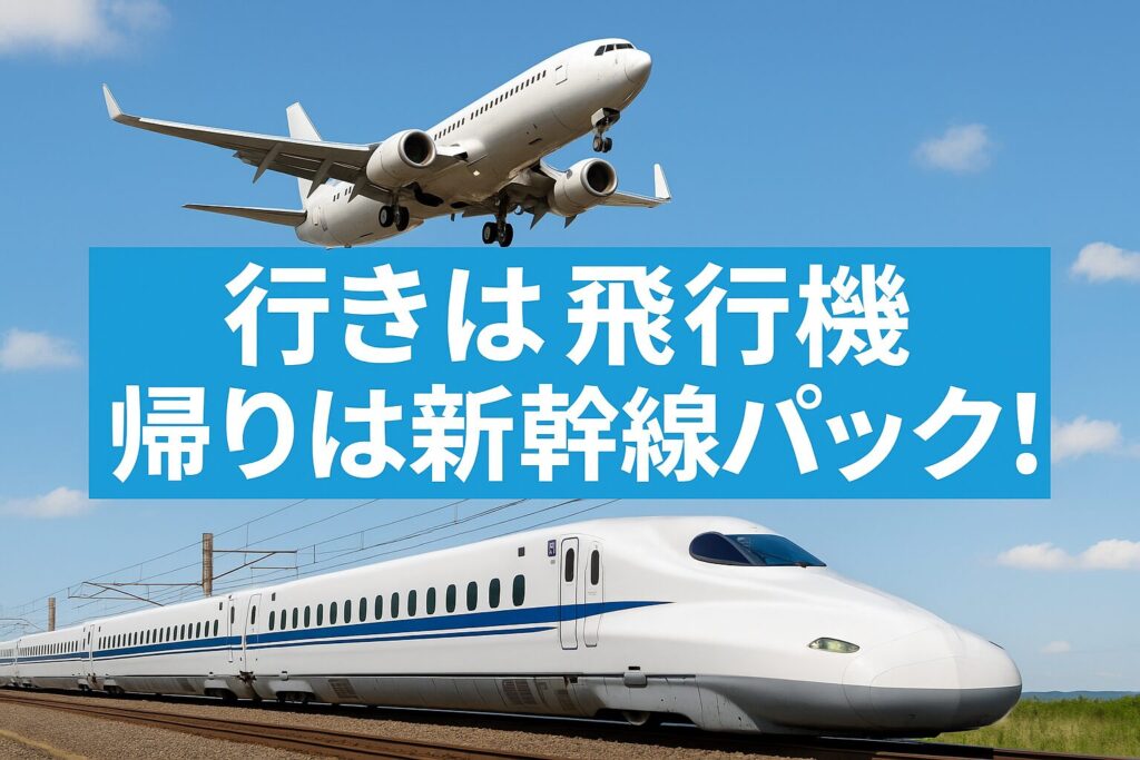行きは飛行機・帰りは新幹線パックで旅行するイメージの実写アイキャッチ画像。青空の下で飛行機と新幹線が並ぶ構図。