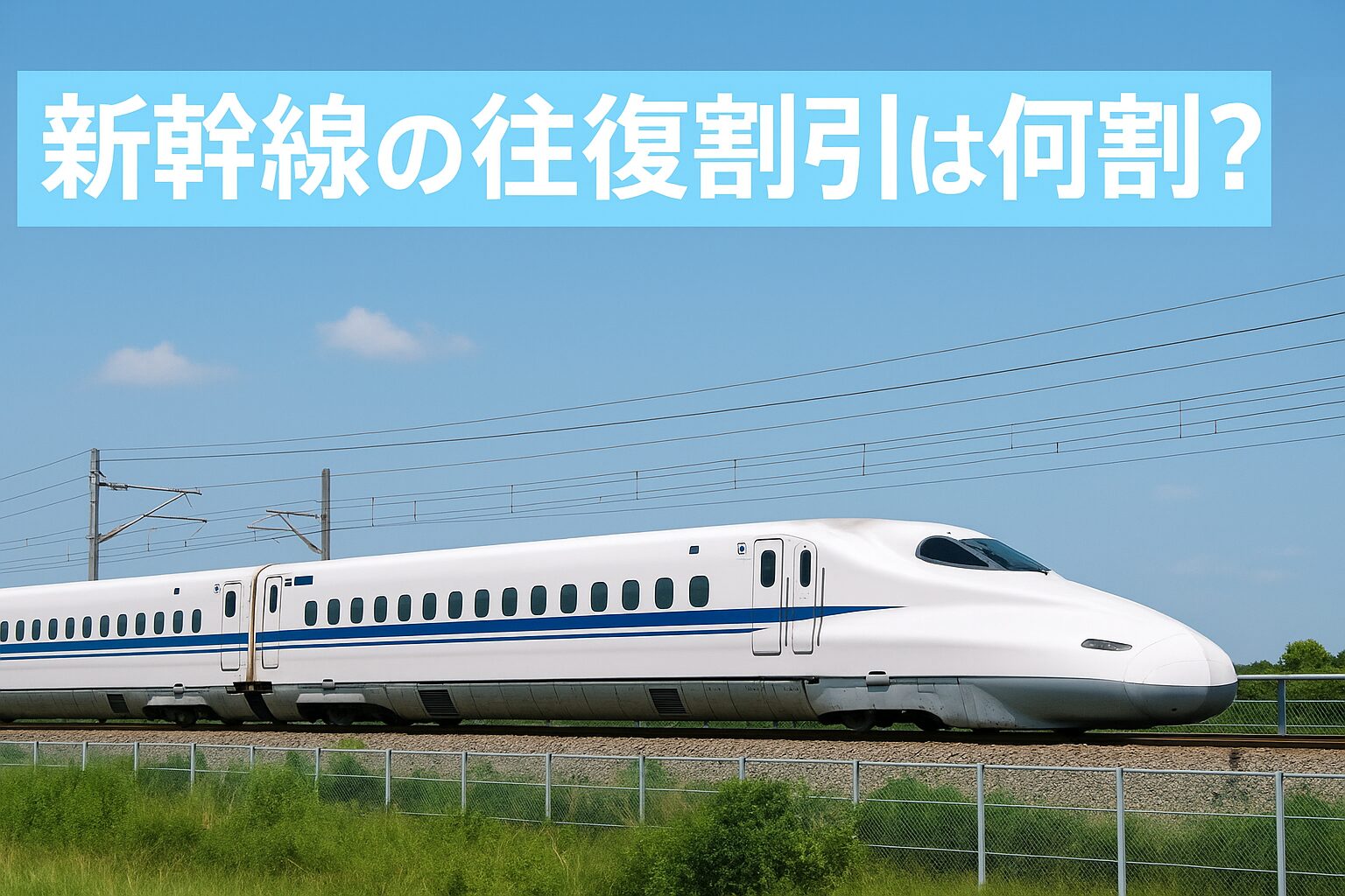 新幹線の往復割引が何割なのかを解説する実写アイキャッチ画像。青空の下を走る白い新幹線と水色背景のタイトル文字。