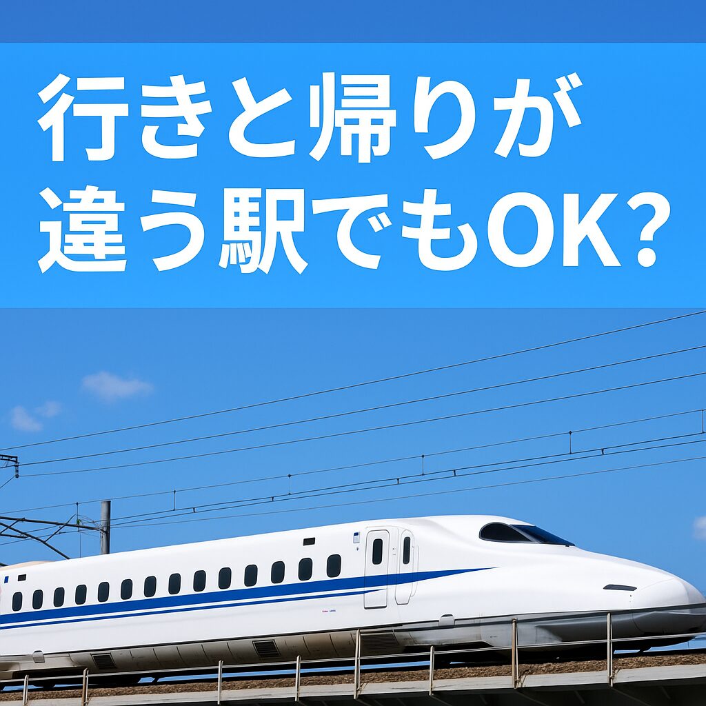 新幹線パックで行きと帰りが違う駅でも利用できるかを解説する実写アイキャッチ画像。青空の下を走る白い新幹線。