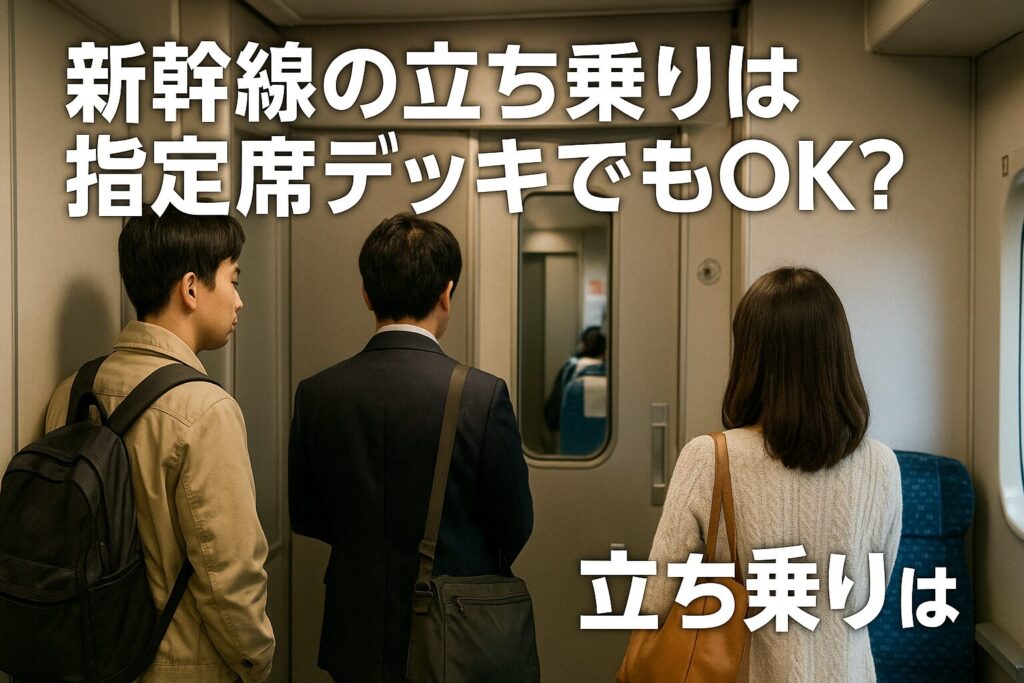 新幹線の指定席デッキで立ち乗りする乗客